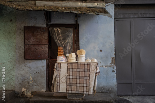 Fototapeta Naklejka Na Ścianę i Meble -  Small street stall shop selling local Georgian homemade cheese, Tbilisi, Georgia.