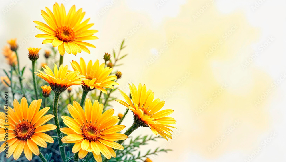 Obraz premium Vibrant yellow daisies with green stems against soft pastel background 