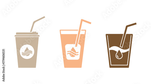Multicolor paper glass featuring a straw and a water icon against a white backdrop. Soda drink glass. Symbol for a chilled beverage. Colorful icon set. Vector