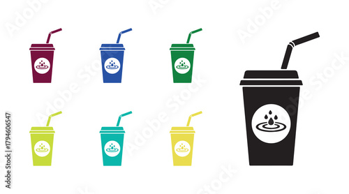Black paper cup with a straw and a water symbol on a white background. Glass of soda. Icon representing a refreshing cold drink. Colorful set of icons. Vector