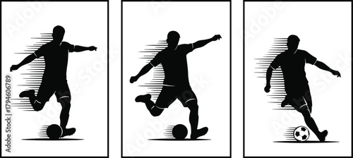 Set of Dynamic Soccer Player Kicking Silhouettes