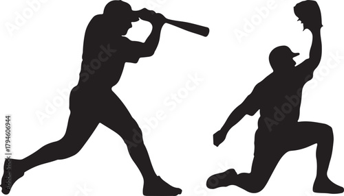 Silhouette of Baseball Player Hitting Ball and Catcher Transparent Background Isolated Vector Illustration