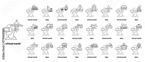 A series of drawings of people and vehicles in a virtual world