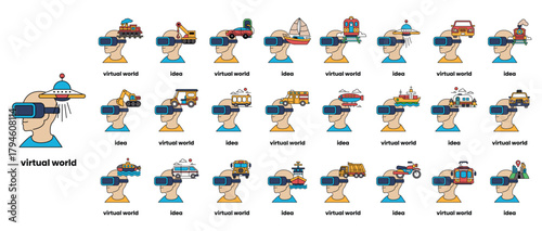 A series of drawings of people and vehicles in a virtual world