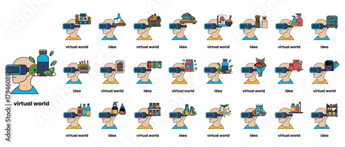 A series of drawings of people and vehicles in a virtual world