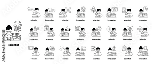 A collection of cartoon images of scientists