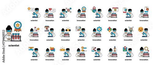 A collection of cartoon images of scientists