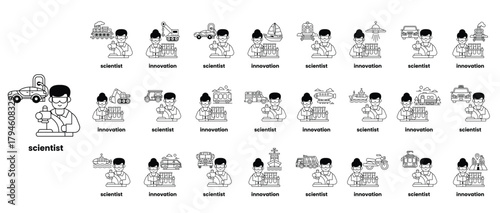 A series of cartoon characters with the word Scientist written below them