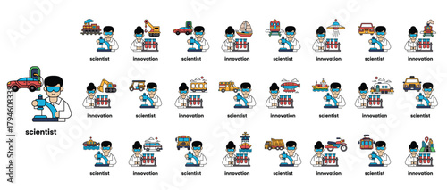 A series of cartoon characters with the word Scientist written below them