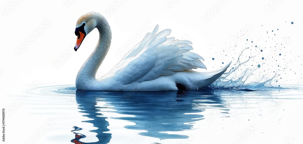Fototapeta premium White swan gracefully swims on blue water. Elegant bird glides, creating water splashes, ripples behind. Graceful wild animal isolated on clean white background, representing peace, beauty, fluid