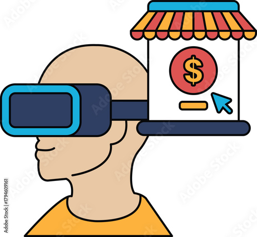 A man wearing a virtual reality headset is standing in front of a store with a s