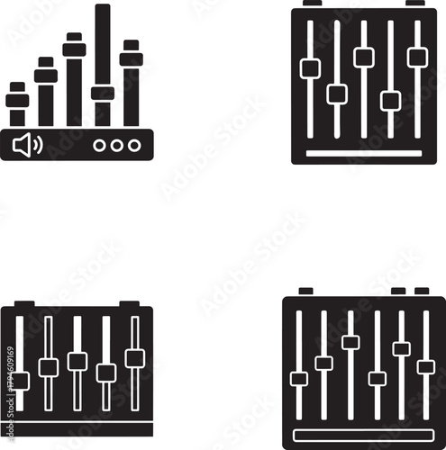 Set of four black silhouette icons representing audio mixing consoles and sound equipment