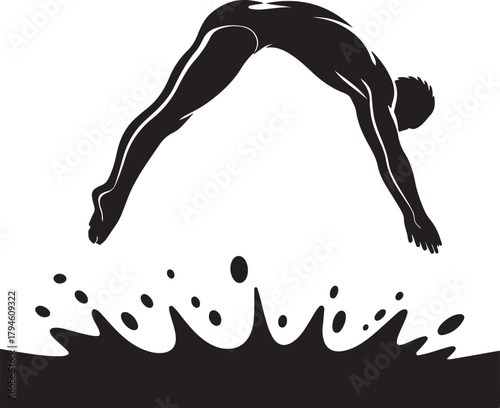 Silhouette of Diver Jumping into Water and Splash Isolated on Transparent Background Vector Illustration