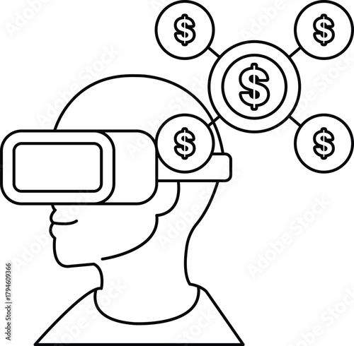 A man wearing a virtual reality headset with a dollar sign on his head