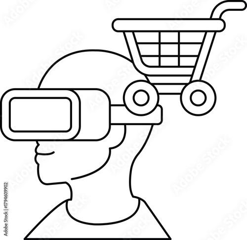 A man wearing a virtual reality headset is standing next to a shopping cart
