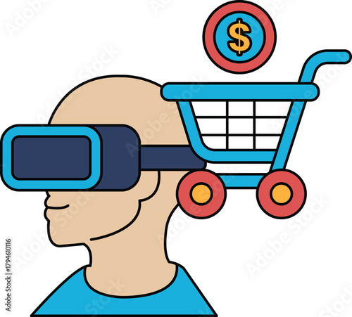 A man wearing a virtual reality headset is holding a shopping cart
