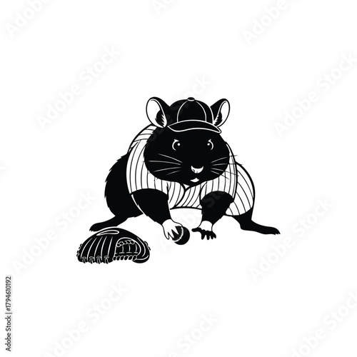 Cartoon rat playing baseball fielder holding ball isolated vector illustration