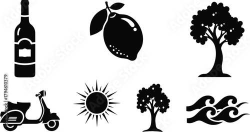 Mediterranean Summer Silhouette Elements Set.