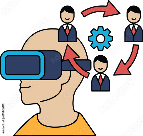 A man wearing a virtual reality headset is surrounded by people