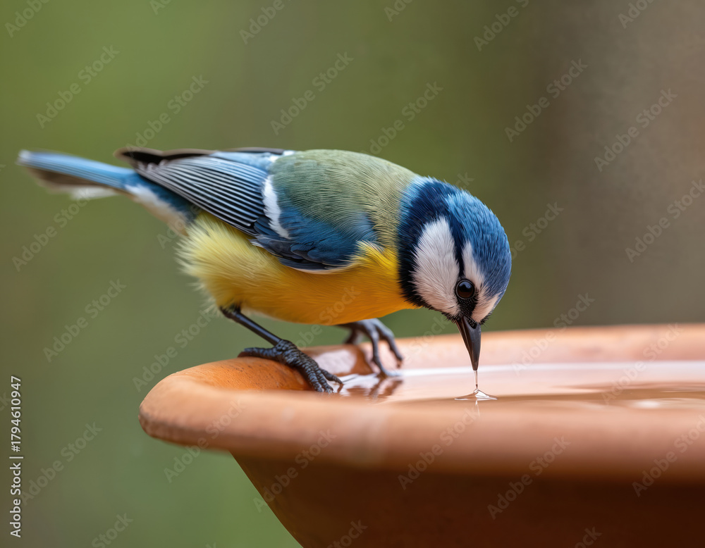 Obraz premium Colourful blue tit bird perches on terracotta birdbath drinking water. Small bird with vibrant blue green and yellow feathers stands on edge of clay pot. Wildlife scene in garden or backyard.