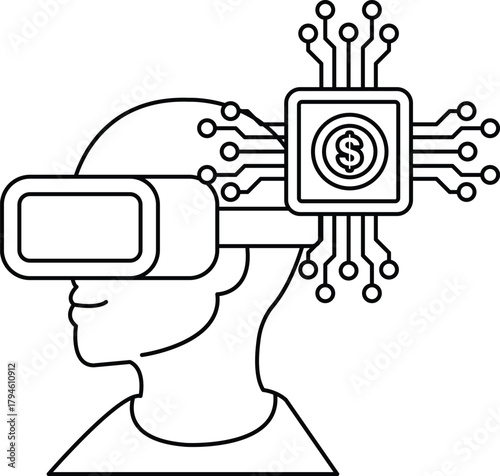 A man wearing a virtual reality headset with a dollar sign on his head