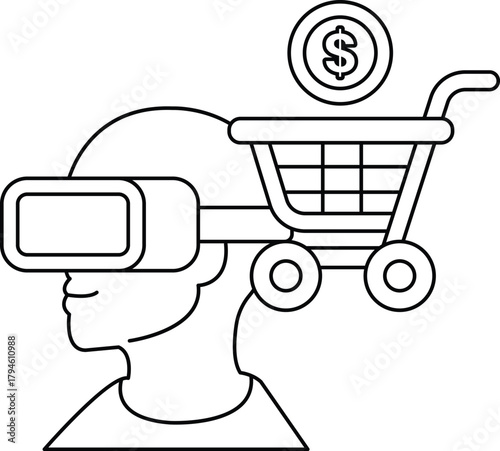 A man wearing a virtual reality headset is holding a shopping cart