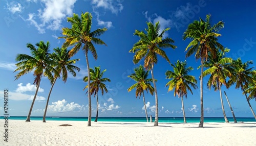 Fototapeta Naklejka Na Ścianę i Meble -  Tropical beach scene Palms sway on white sand against clear blue sky with scattered clouds, turquoise ocean in background