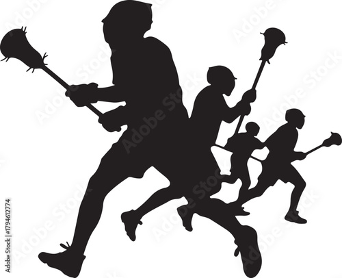 Silhouettes of lacrosse players on transparent background vector illustration flat style design one hundred and thirty characters