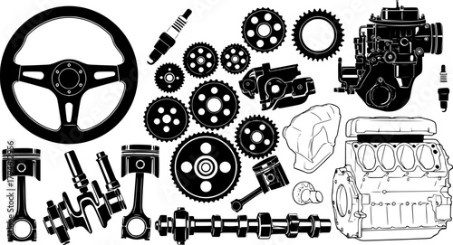 Car engine parts and components vector illustration with steering wheel and gears in black silhouette style
