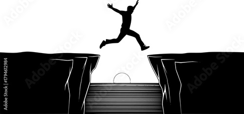 Man jumping silhouette between cliffs at sunrise — motivational success and challenge concept for design and business visuals
