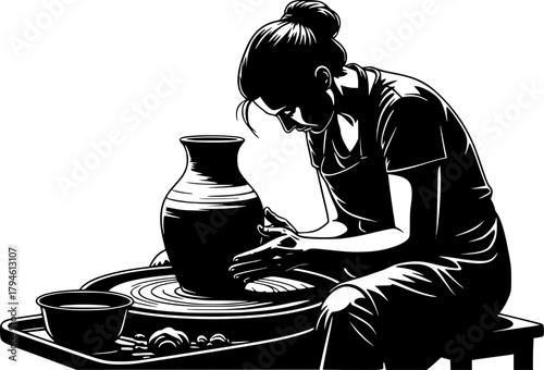 Silhouette vector of person crafting pottery on wheel
