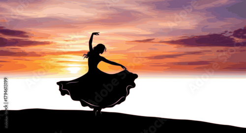 Elegant woman silhouette dancing on hill at sunset with flowing dress and colorful sky for lifestyle and design backgrounds
