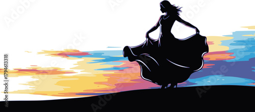 Elegant woman silhouette dancing on hill at sunset with flowing dress and colorful sky for lifestyle and design backgrounds

