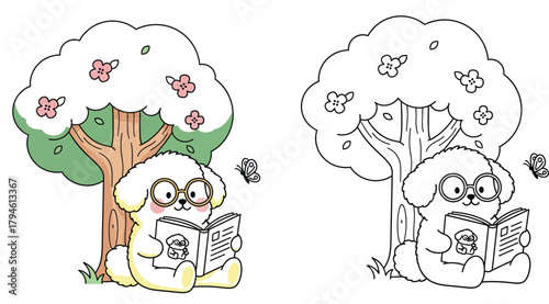 Fluffy Cartoon Dog with Glasses Reading Under a Flowering Tree with a Butterfly - Charming Coloring Page