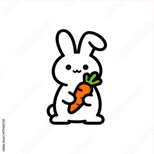 Adorable bunny holding a carrot, perfect for Easter designs, children's illustrations, or springtime promotions; cute, cheerful, and ready to brighten your project