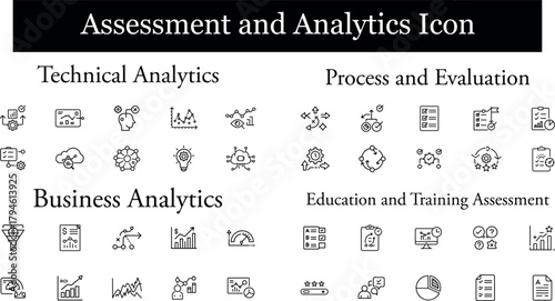 Assessment and analytics icon set, including technical analytics, process and evaluation, business analytics, and education and training assessment
