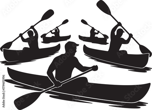 Silhouettes of people paddling canoes on transparent background vector illustration flat style design one hundred and thirty characters