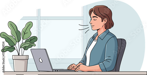 Woman practicing mindful breathing at work Vector