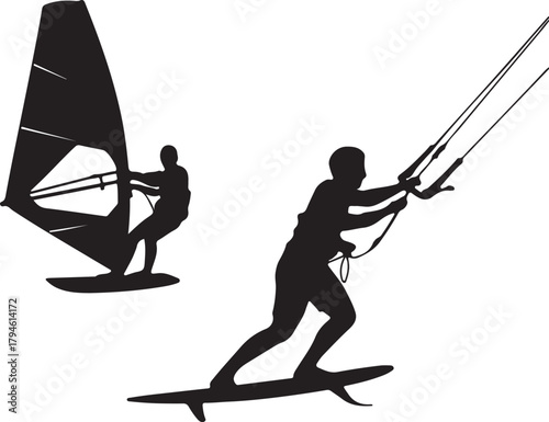 Silhouettes of windsurfers on transparent background vector illustration flat style design one hundred and thirty characters