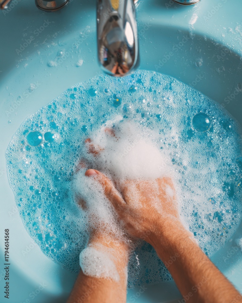 Fototapeta premium Close-up of Hands Scrubbing in Bubbling Blue Water Under a Chrome Faucet.