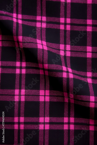Vibrant Flourescent Pink Plaid Pattern with High Contrast Black Textile Folds