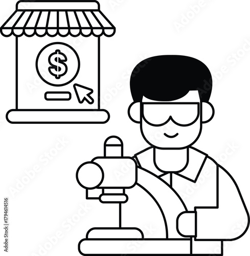 A man is working on a machine with a dollar sign in the background