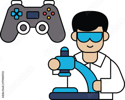 A man in a lab coat is holding a video game controller