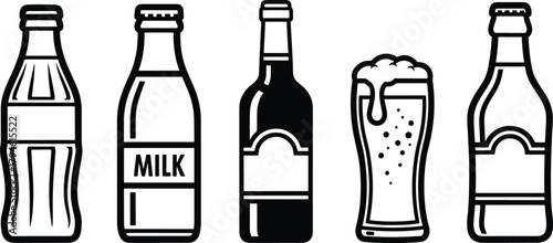 Beverage bottle and glass icons Vector