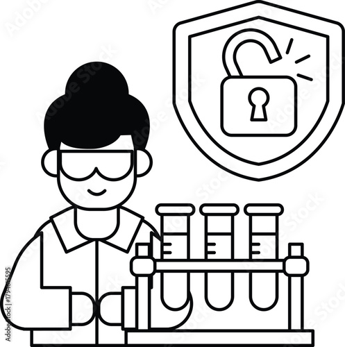 A woman in a lab coat is holding a key and looking at a lock