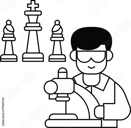 A man in a lab coat is holding a tool and looking at a chess board