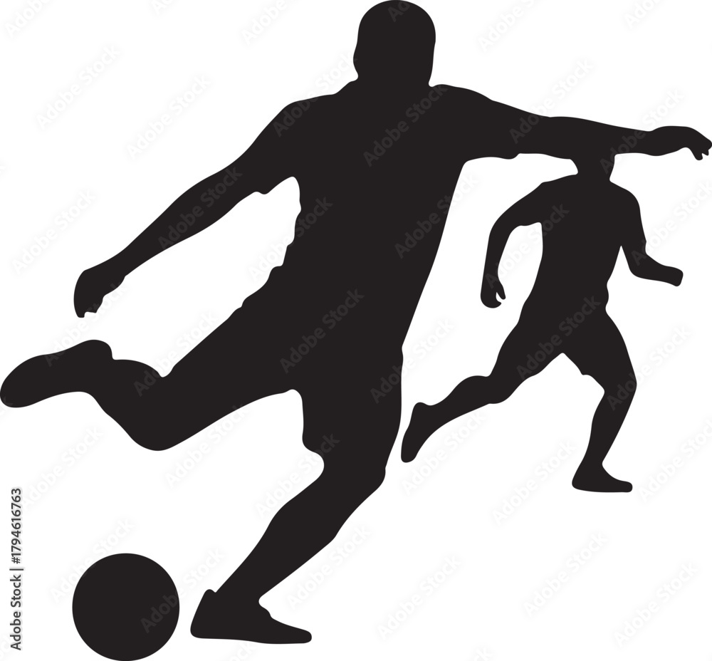 Obraz premium Soccer Sport Silhouette of Two Football Players Kicking Ball with Agility in Action on Field for Competition and Exercise Vector Illustration