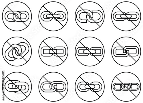 No Links / Chain Prohibition Icon Set – Forbidden, Disconnected and No Access Vector Symbols