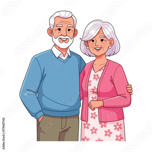 Cute elderly couple standing together smiling in warm clothing for family, healthcare and senior illustrations