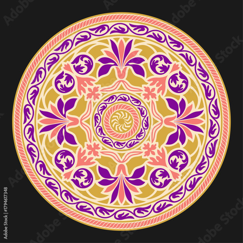 Colorful round pattern with stylized flowers and borders. Indian, Arabic, Middle East art legacy. Suzani style. 